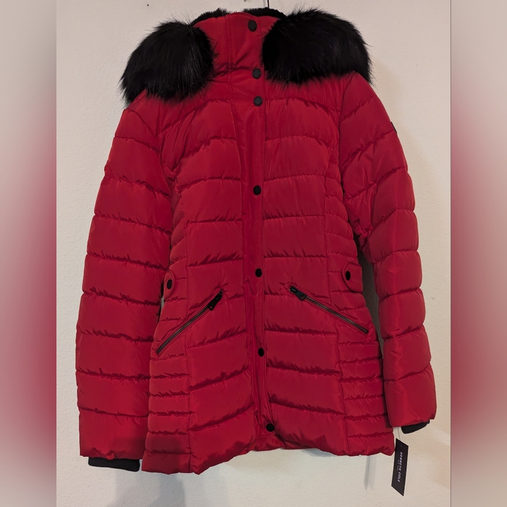 Kenneth Cole red puffer jacket size small, black fur trim around hood of coat